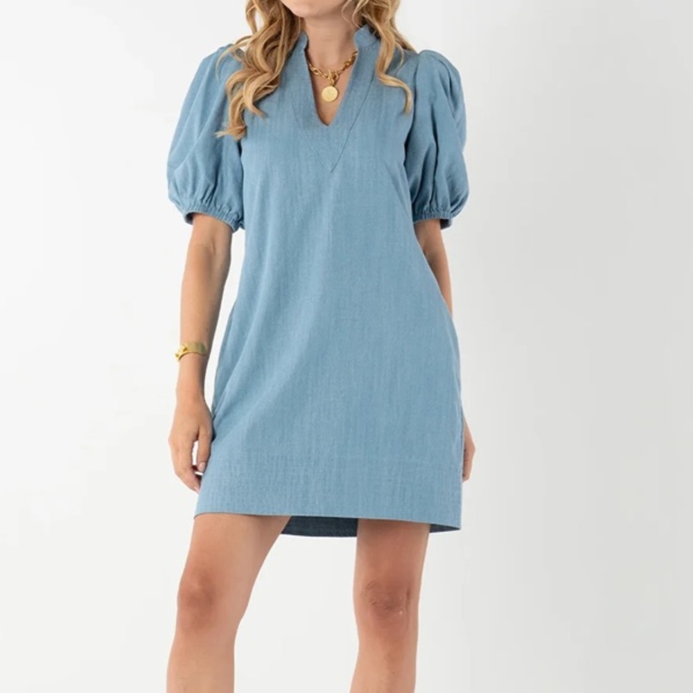 Emily McCarthy Denim woman’s dress Large NEW Blue Puff Sleeve Dress